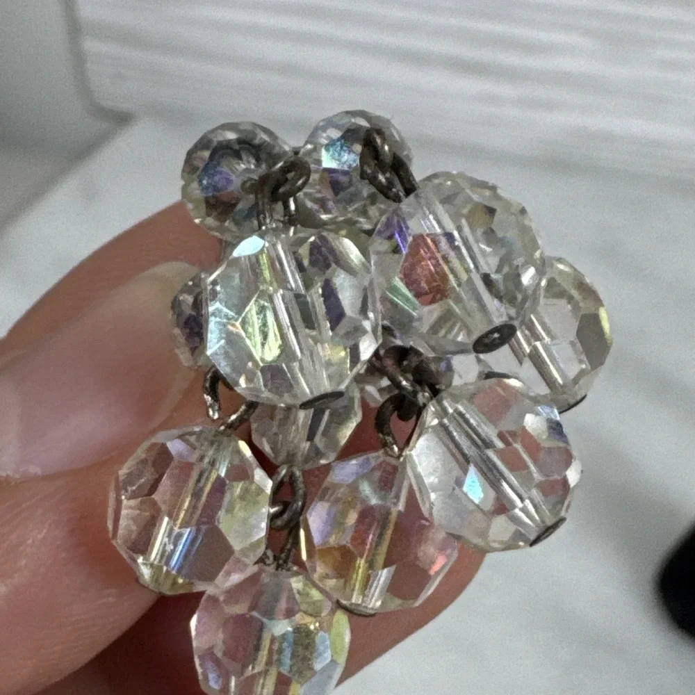 Vintage Crystal Clip On Earrings Chandelier Cluster AB Chunky 1950s